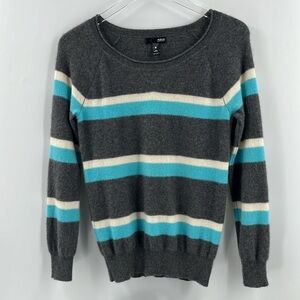 Aqua Cashmere Crewneck Long Sleeve Sweater Stripes Grey Blue Cream Pullover XSm
